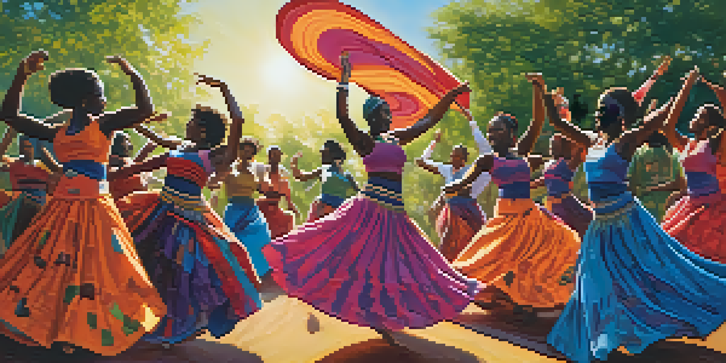 A group of dancers in colorful traditional attire performing African dance in a lush outdoor setting under a clear blue sky.