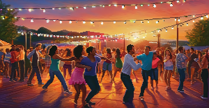 A group of diverse individuals joyfully dancing at an outdoor salsa night, surrounded by colorful string lights and a beautiful sunset.