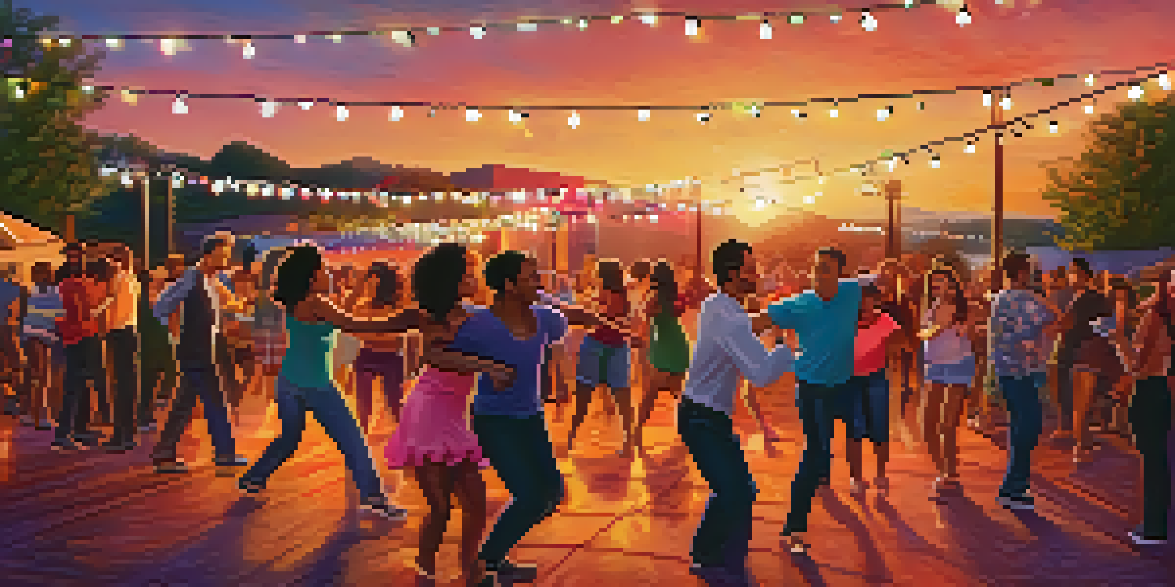 A group of diverse individuals joyfully dancing at an outdoor salsa night, surrounded by colorful string lights and a beautiful sunset.