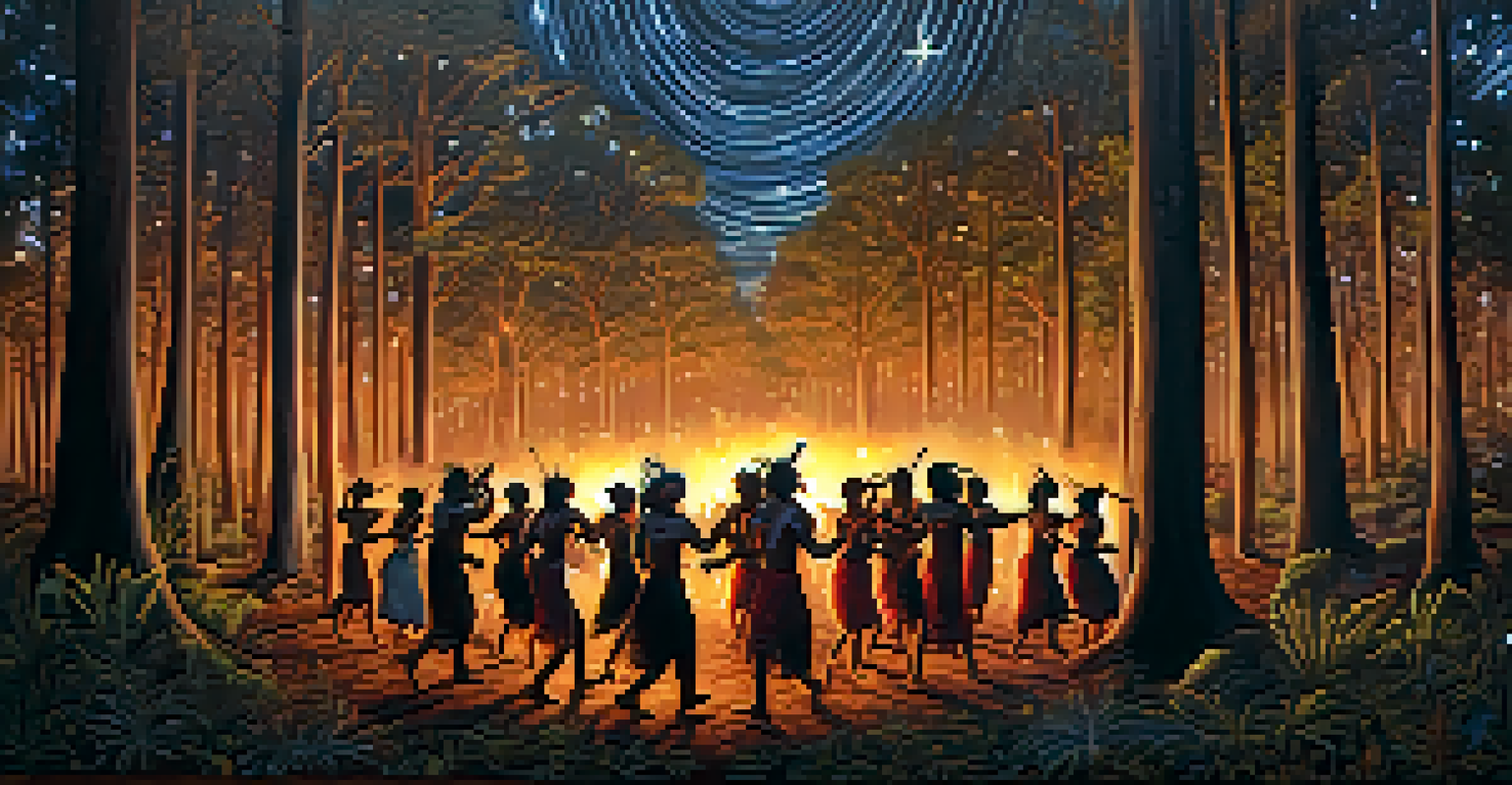 An Aboriginal corroboree in a forest clearing at night, with dancers in traditional attire illuminated by firelight, surrounded by tall trees and stars.