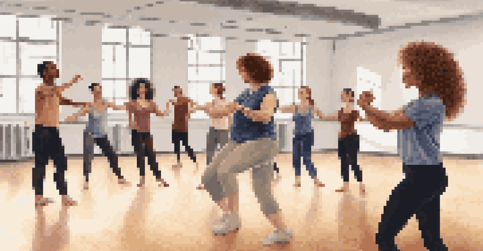 A dance instructor demonstrating a technique to engaged students in a brightly lit studio.