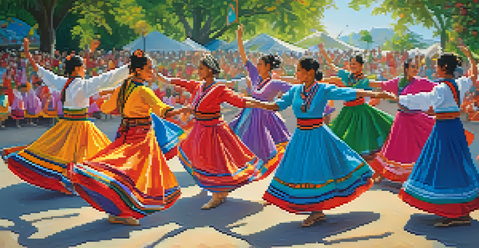 A lively outdoor cultural festival with people in traditional costumes performing a circle dance, surrounded by greenery and colorful decorations.
