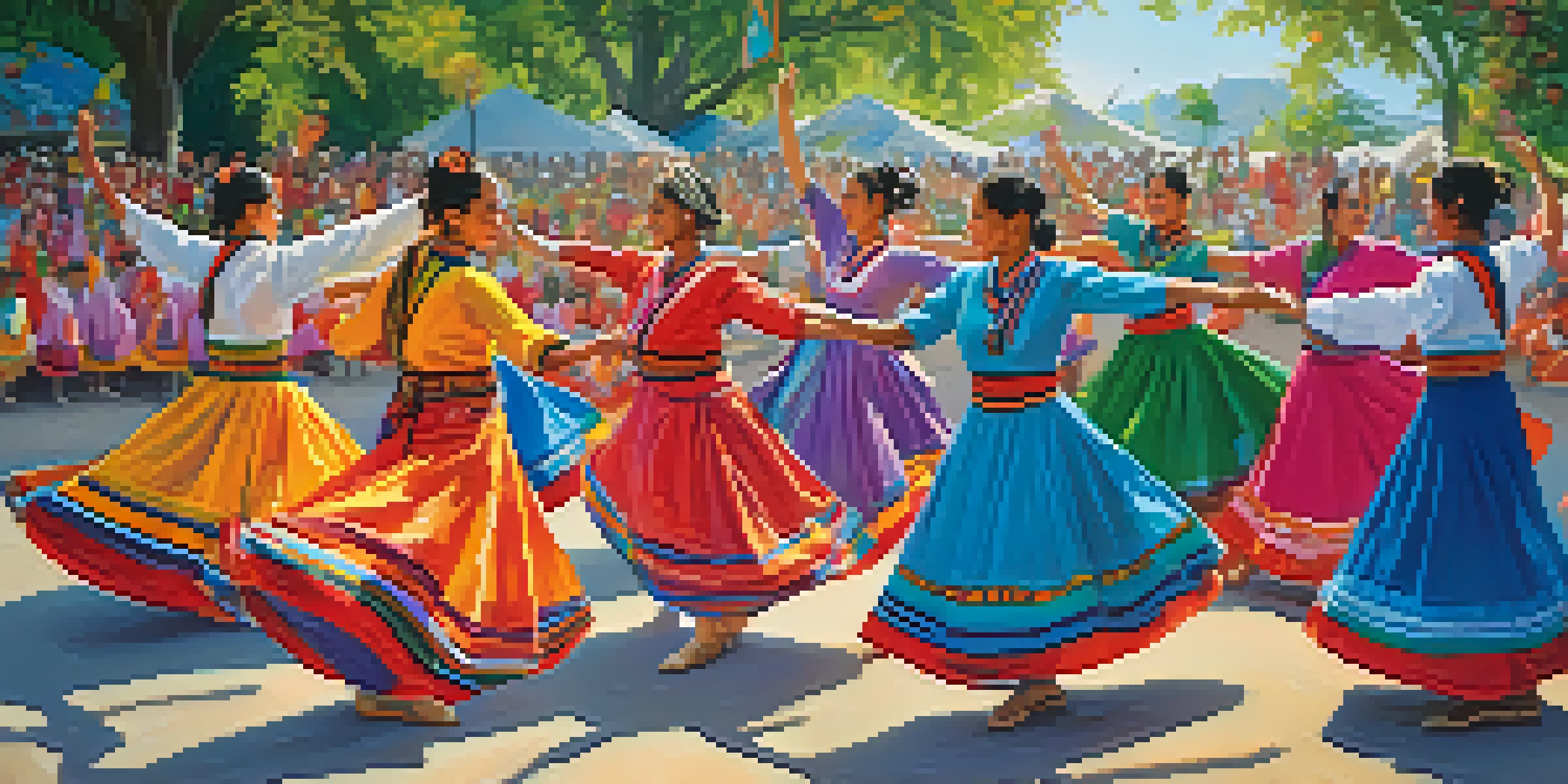 A lively outdoor cultural festival with people in traditional costumes performing a circle dance, surrounded by greenery and colorful decorations.