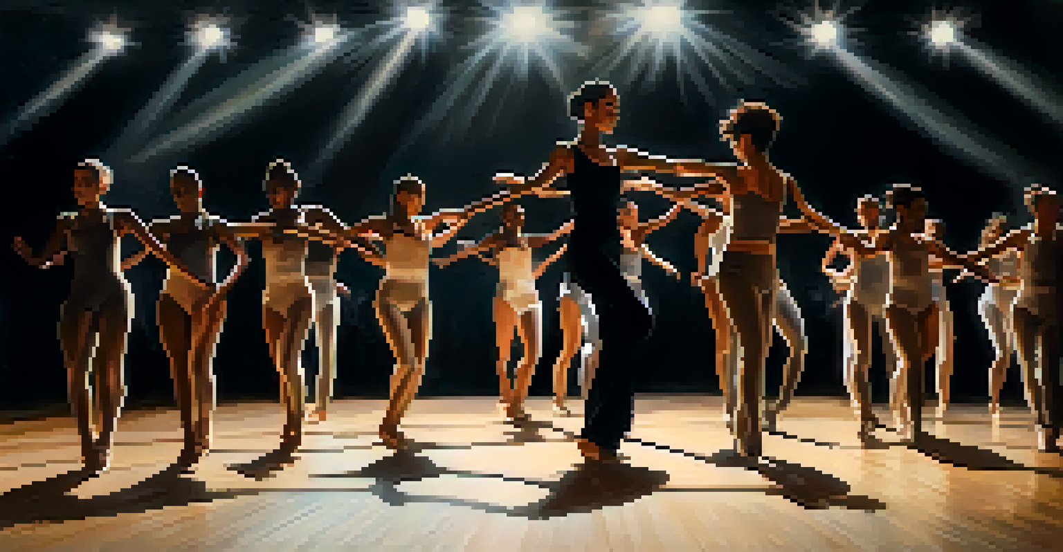 A diverse group of dancers performing a contemporary piece focused on social justice, highlighted by soft lighting.