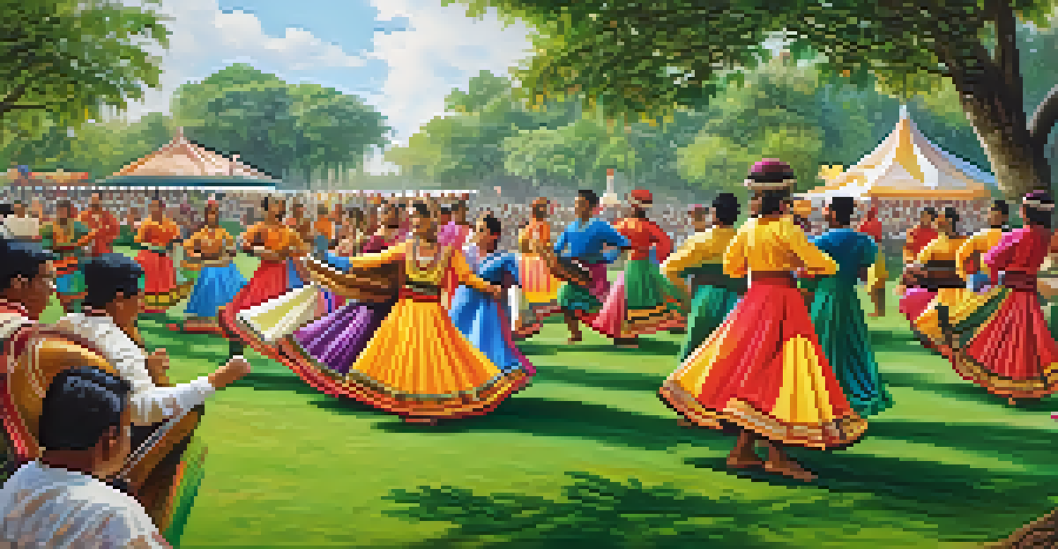 A traditional dance performance in a park, with women in colorful dresses dancing and men in traditional attire playing instruments, surrounded by cultural decorations.