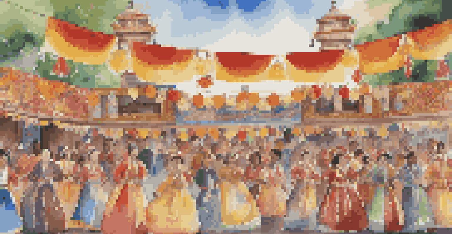 Performers in traditional costumes dancing together on a vibrant cultural festival stage, with an audience captivated by the celebration of diversity.