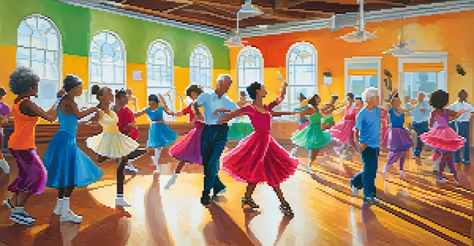 A diverse group of seniors and young dancers enjoying a salsa dance class in a brightly lit community center, with colorful decorations and joyful expressions.