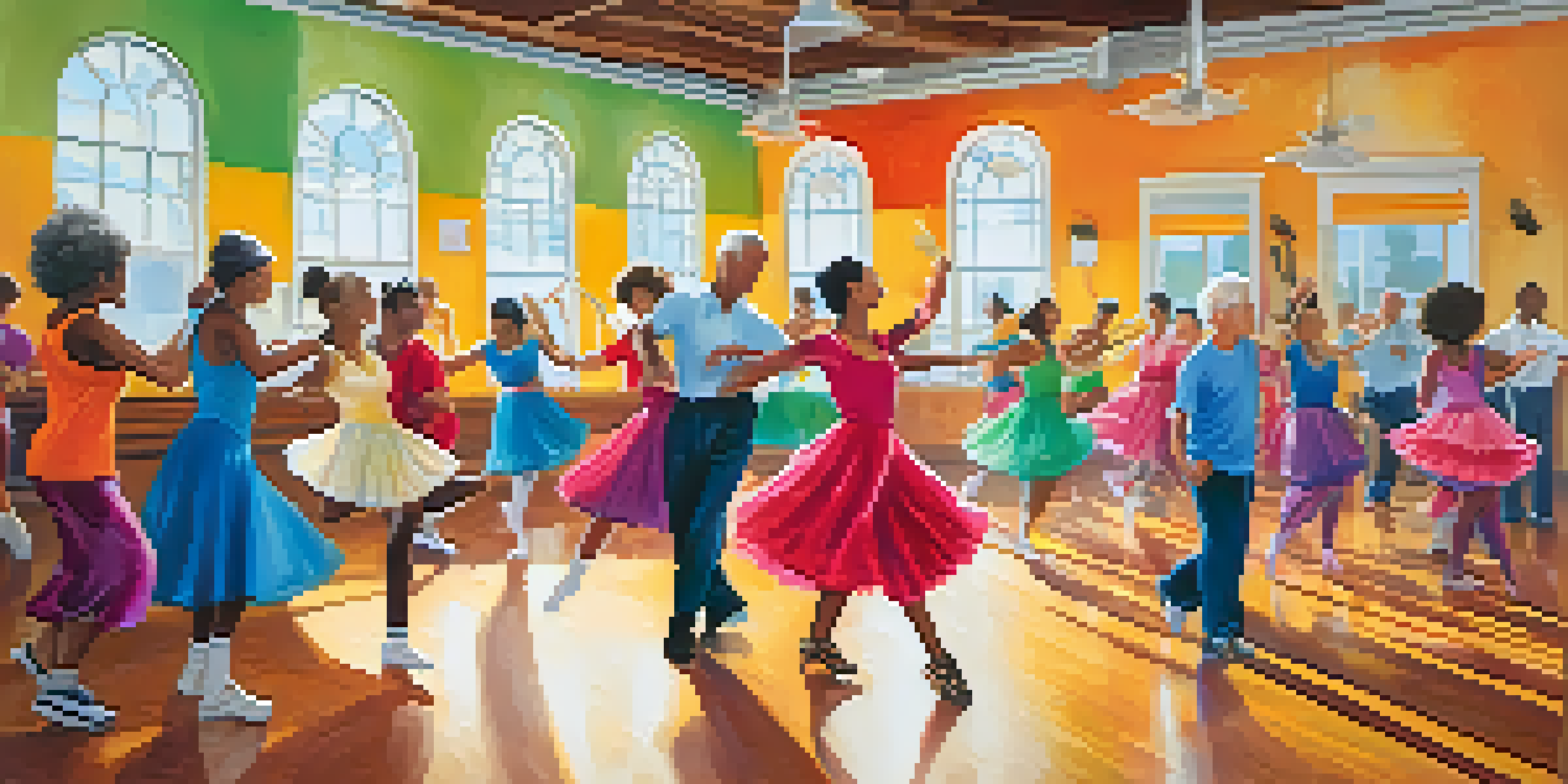 A diverse group of seniors and young dancers enjoying a salsa dance class in a brightly lit community center, with colorful decorations and joyful expressions.