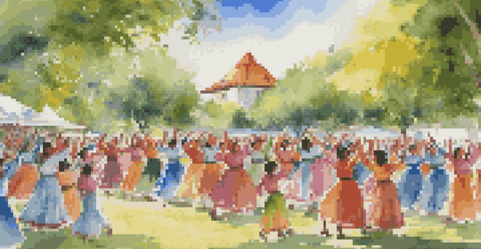 A lively folk dance performance with dancers in traditional clothing surrounded by nature and an audience.