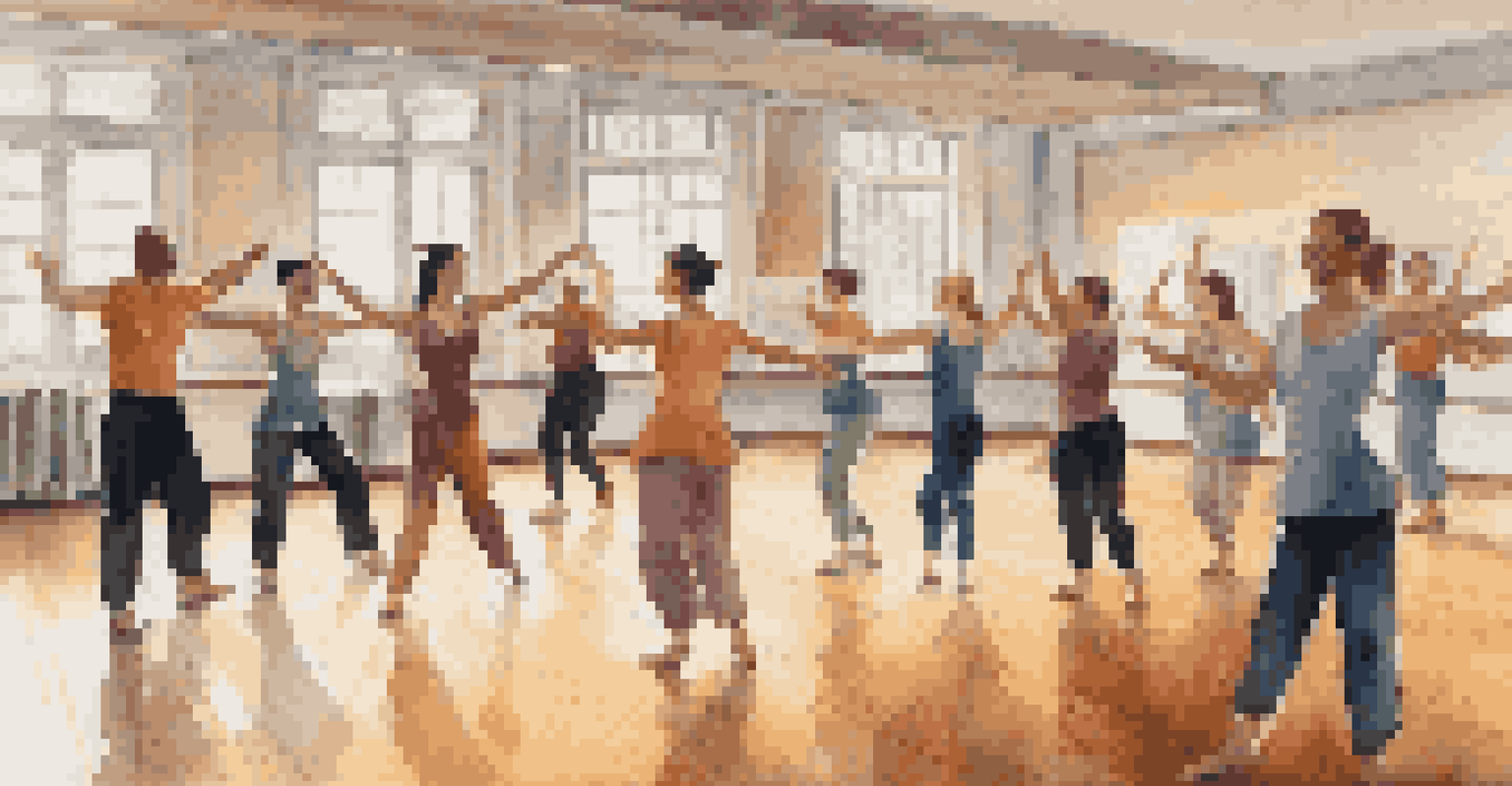 A dance workshop in progress with an instructor demonstrating moves to enthusiastic participants in a bright room with mirrors.
