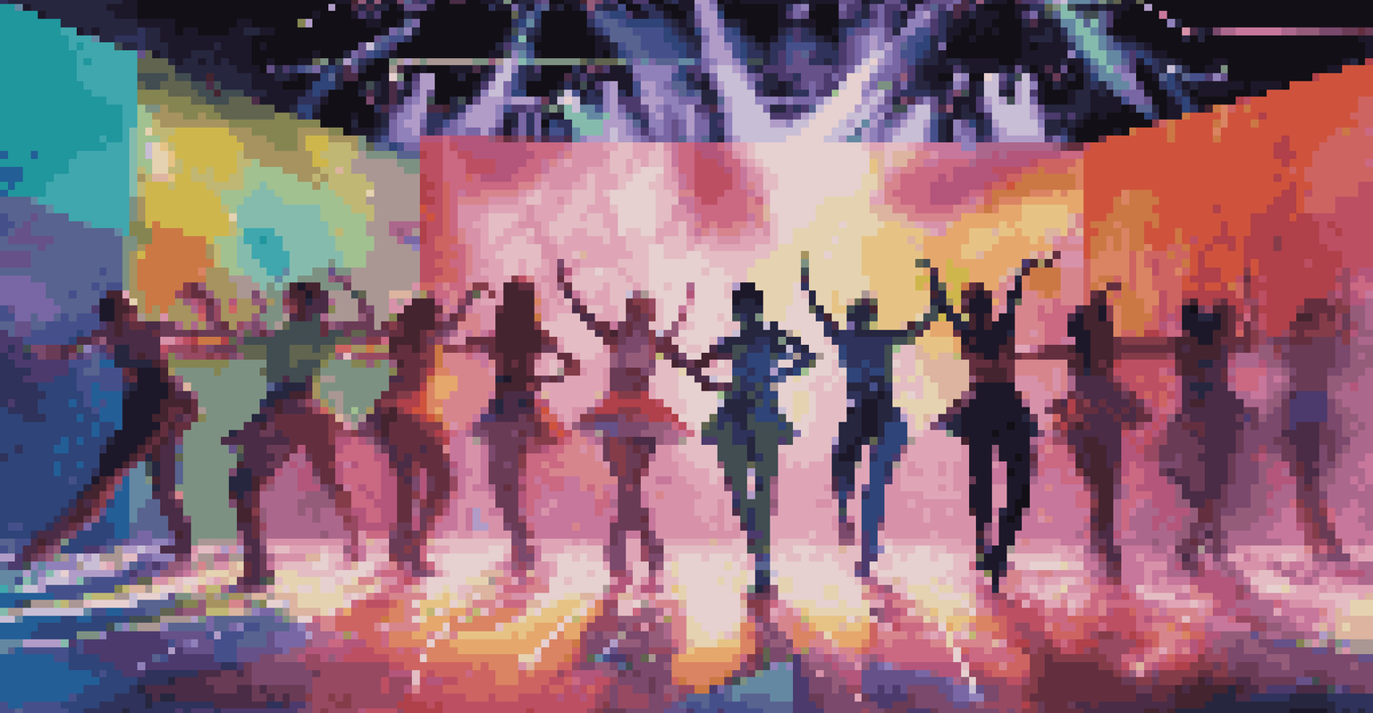 A digital collage of a dance performance enhanced by augmented reality elements and colorful stage lighting. The audience is engaged in the experience.