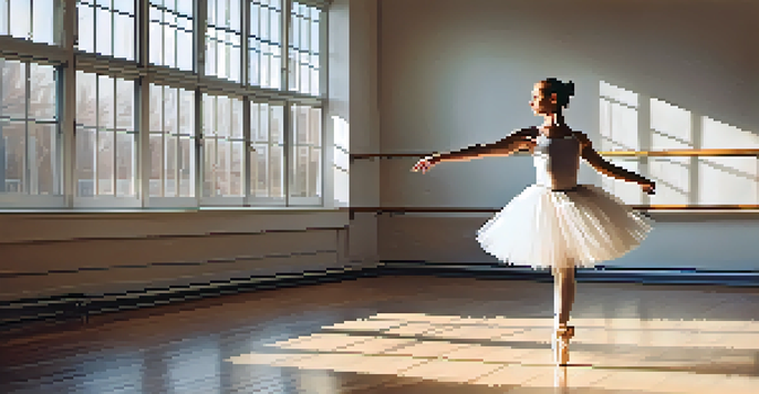 A ballet dancer performing a pirouette in a sunlit dance studio with wooden floors and large windows.