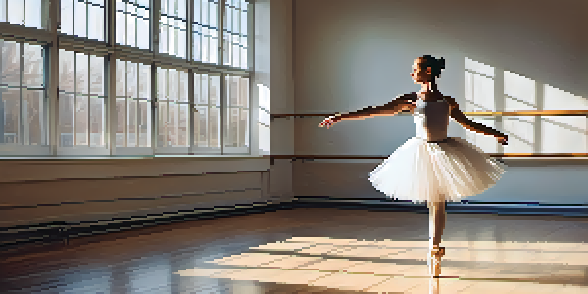 A ballet dancer performing a pirouette in a sunlit dance studio with wooden floors and large windows.