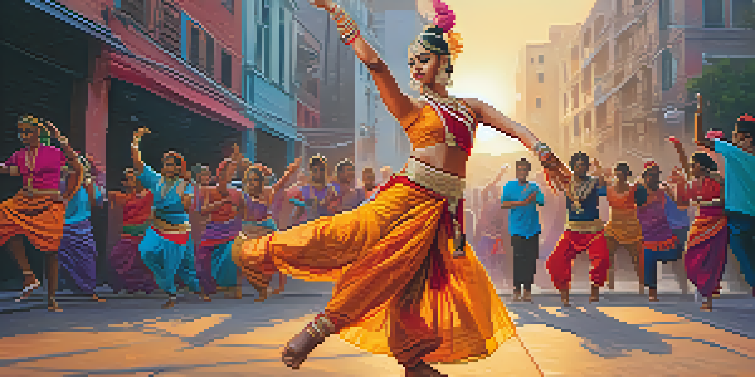 A dynamic dance performance blending traditional Indian and hip-hop styles, featuring colorful costumes and an urban backdrop.