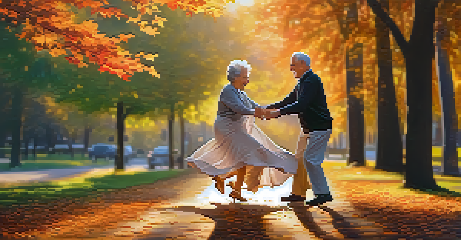 A happy senior couple dancing in a park during sunset, surrounded by colorful autumn leaves.