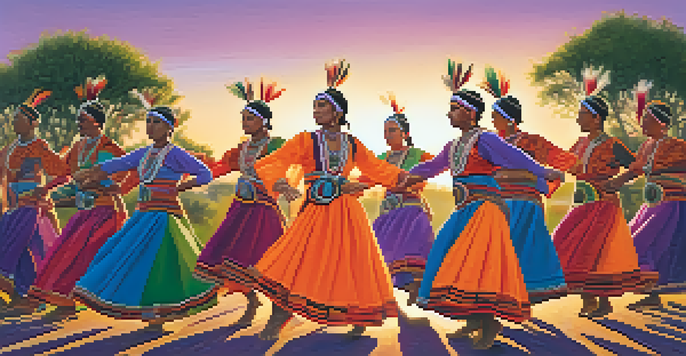 A group of Indigenous dancers performing in traditional attire outdoors at sunset, with a colorful sky and green landscape in the background.