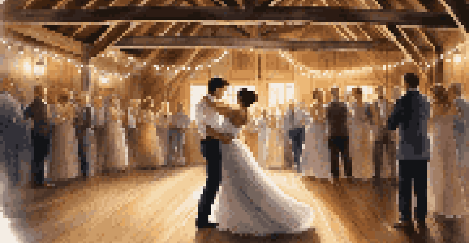 A couple dancing a waltz in a rustic barn with string lights, showcasing their elegant attire and the warm, intimate ambiance.