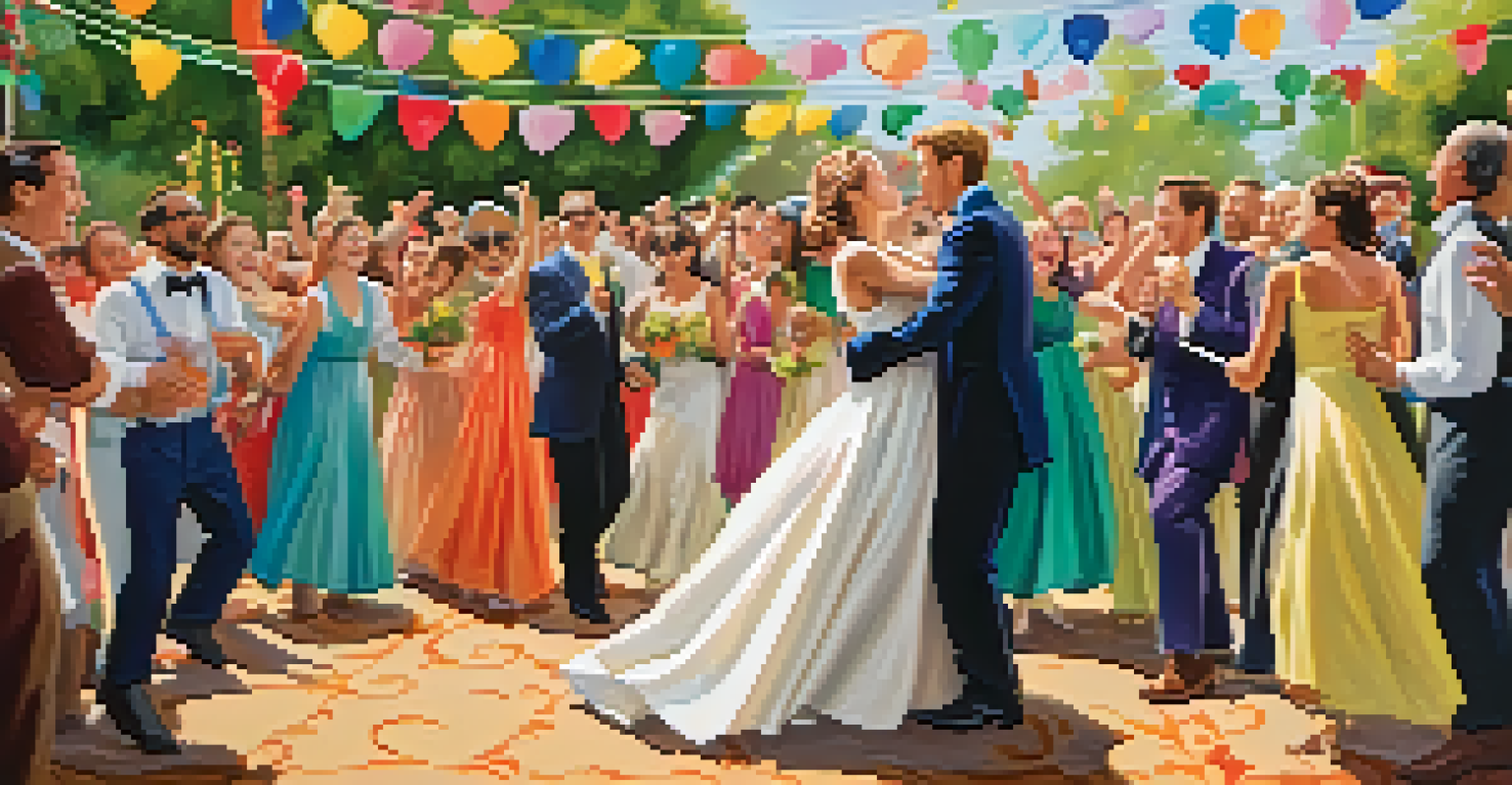 A joyful wedding celebration outdoors with characters dancing and enjoying the festive atmosphere.