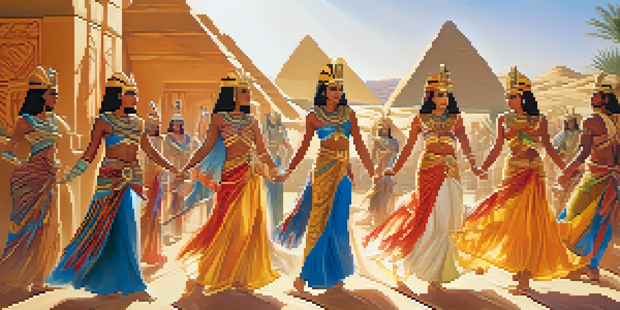 Ancient Egyptian dancers in colorful, patterned costumes performing in a sunlit desert landscape.