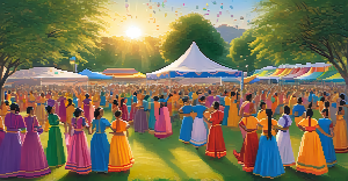 A lively cultural festival with diverse people dancing in colorful costumes, celebrating in a park during sunset.