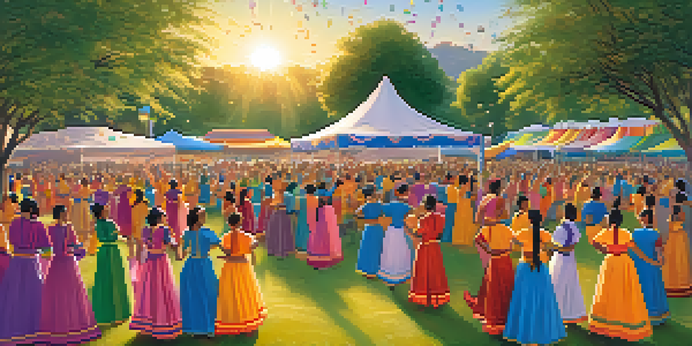 A lively cultural festival with diverse people dancing in colorful costumes, celebrating in a park during sunset.
