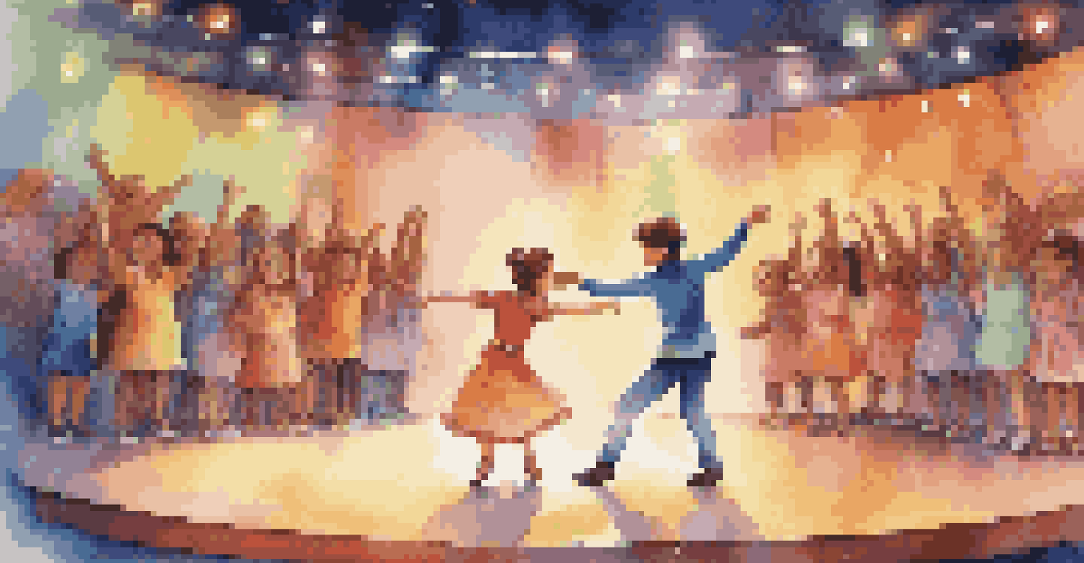 A boy and girl dancing together on stage, dressed in matching costumes, with a cheering audience in the background.