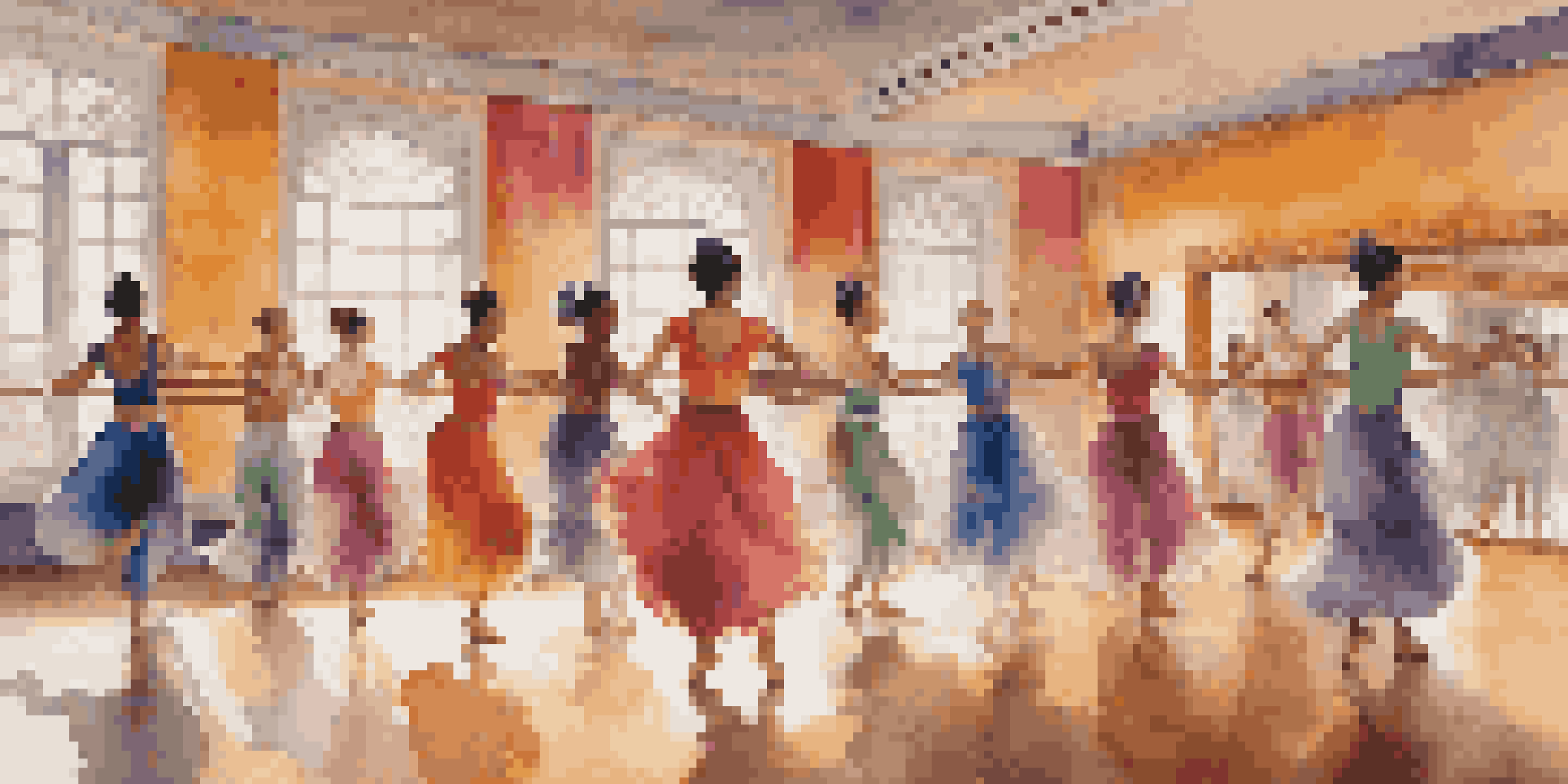 A diverse group of dancers practicing in a colorful dance studio, showcasing a blend of traditional and contemporary dance styles.