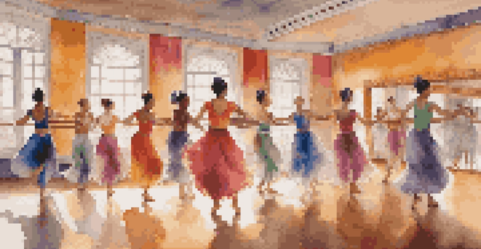 A diverse group of dancers practicing in a colorful dance studio, showcasing a blend of traditional and contemporary dance styles.