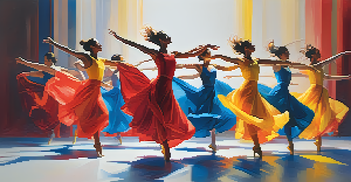 A group of dancers performing on a minimalist stage, wearing colorful costumes, with dynamic lighting highlighting their movements.