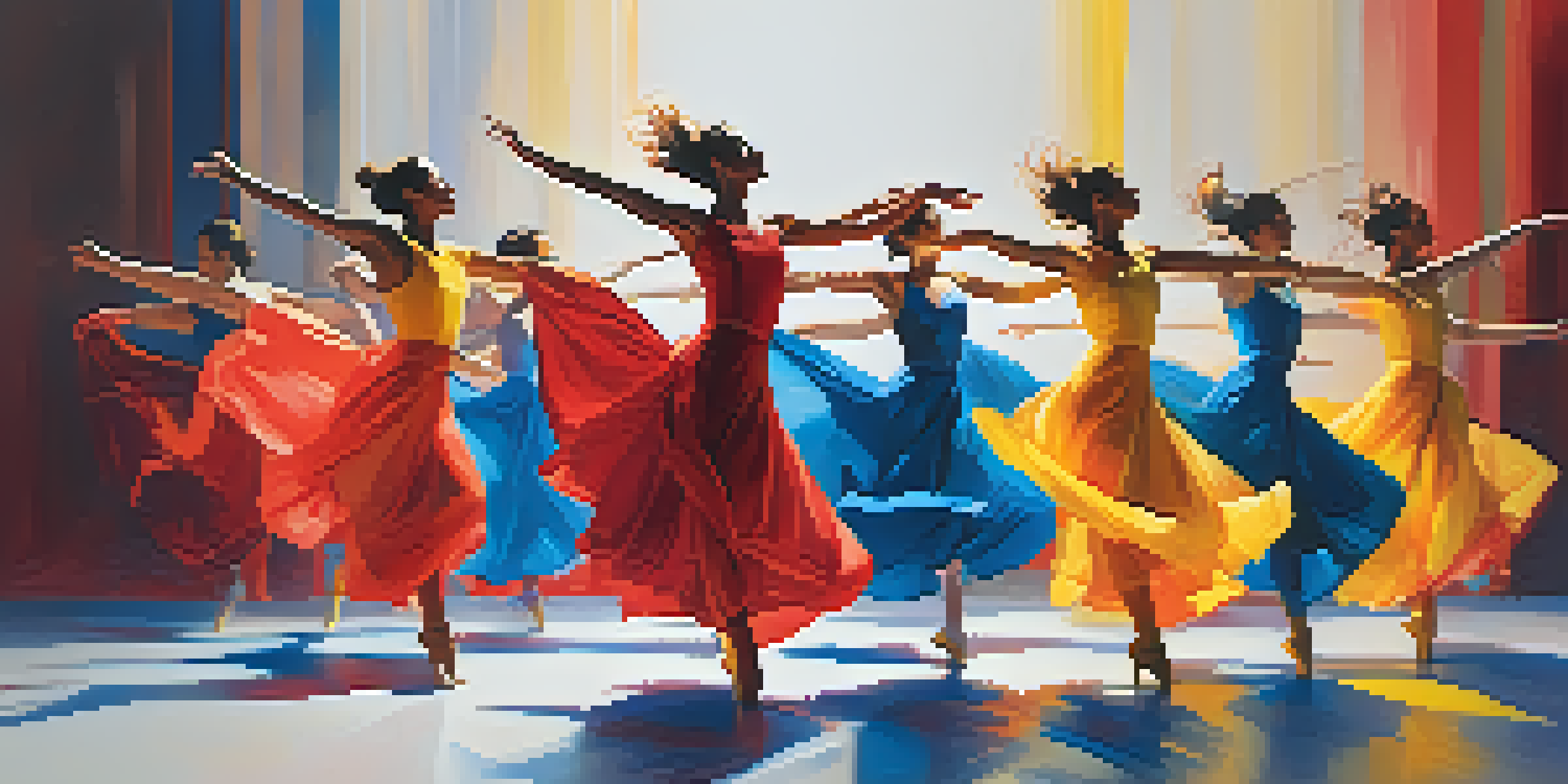 A group of dancers performing on a minimalist stage, wearing colorful costumes, with dynamic lighting highlighting their movements.