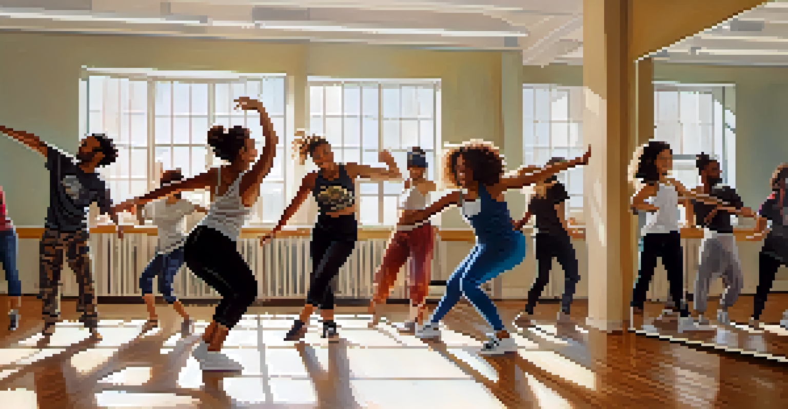 A dance workshop with participants of various ages learning hip hop together in a bright studio filled with natural light.