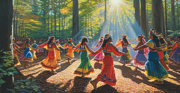 A group of Native American dancers in colorful costumes performing a traditional dance in a forest clearing, with sunlight filtering through the trees.