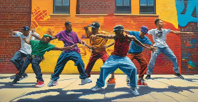 A group of diverse street dancers performing breakdancing on a colorful urban sidewalk, with graffiti art in the background.