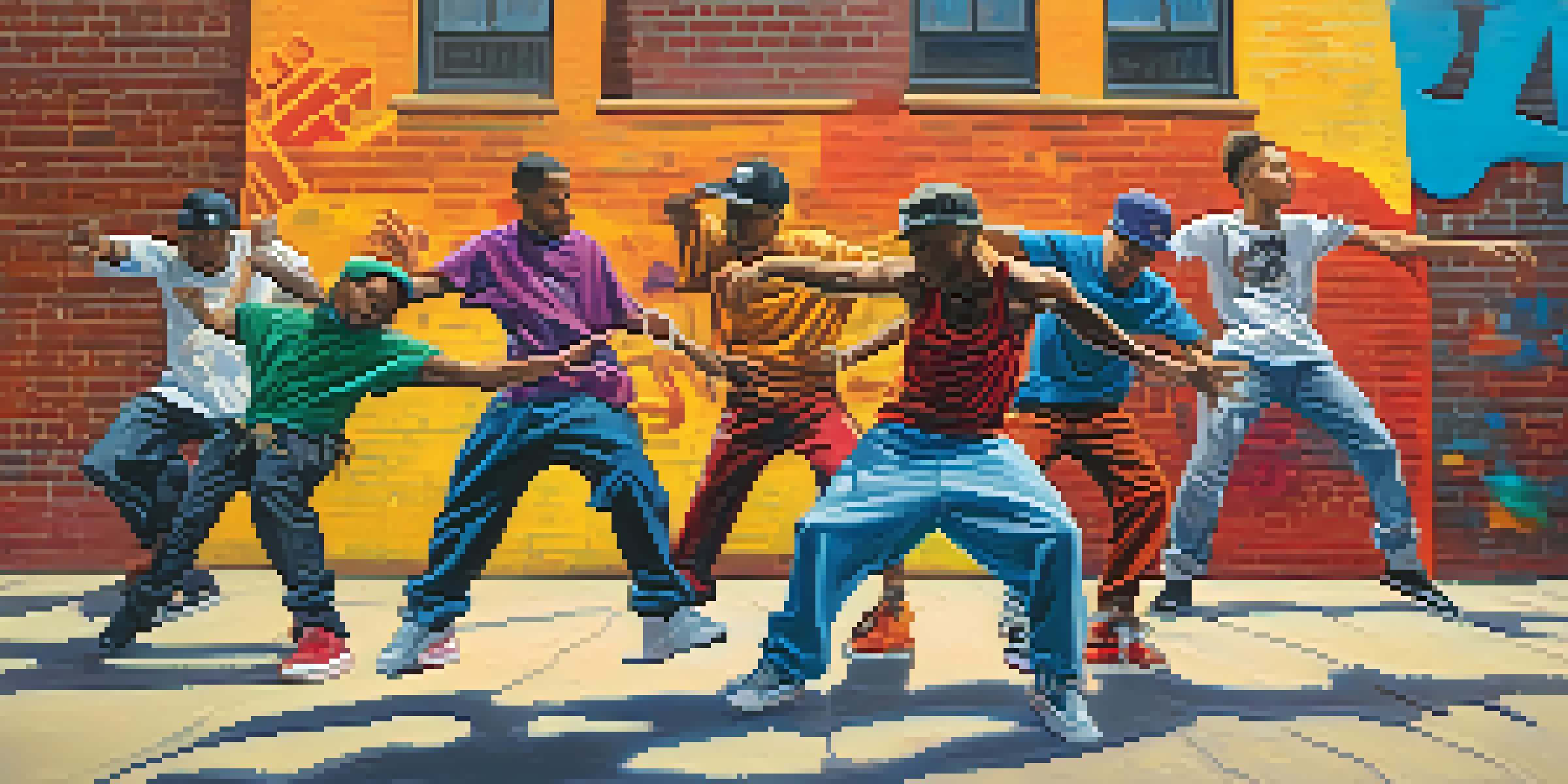 A group of diverse street dancers performing breakdancing on a colorful urban sidewalk, with graffiti art in the background.