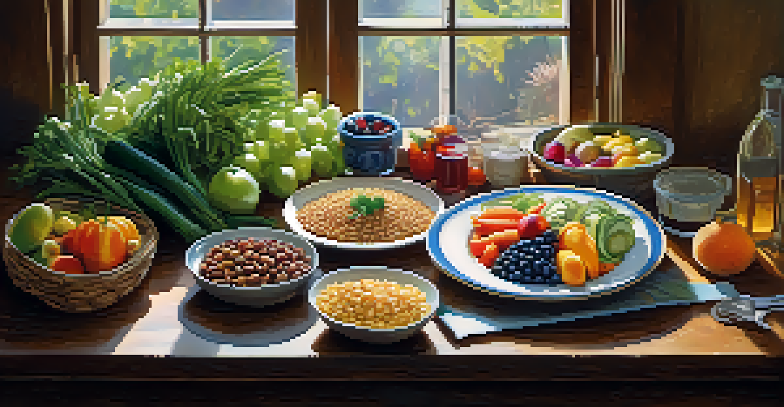 A healthy plate of food with whole grains, lean proteins, fruits, and vegetables, arranged on a wooden table with natural light.