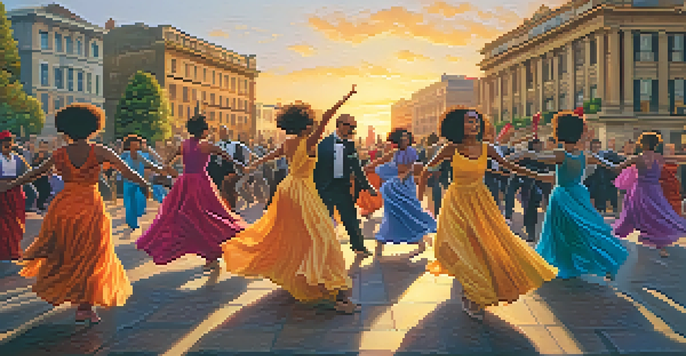 A group of dancers in colorful costumes performing a choreographed protest in an urban square, with a historic building in the background and a sunset casting a warm glow.