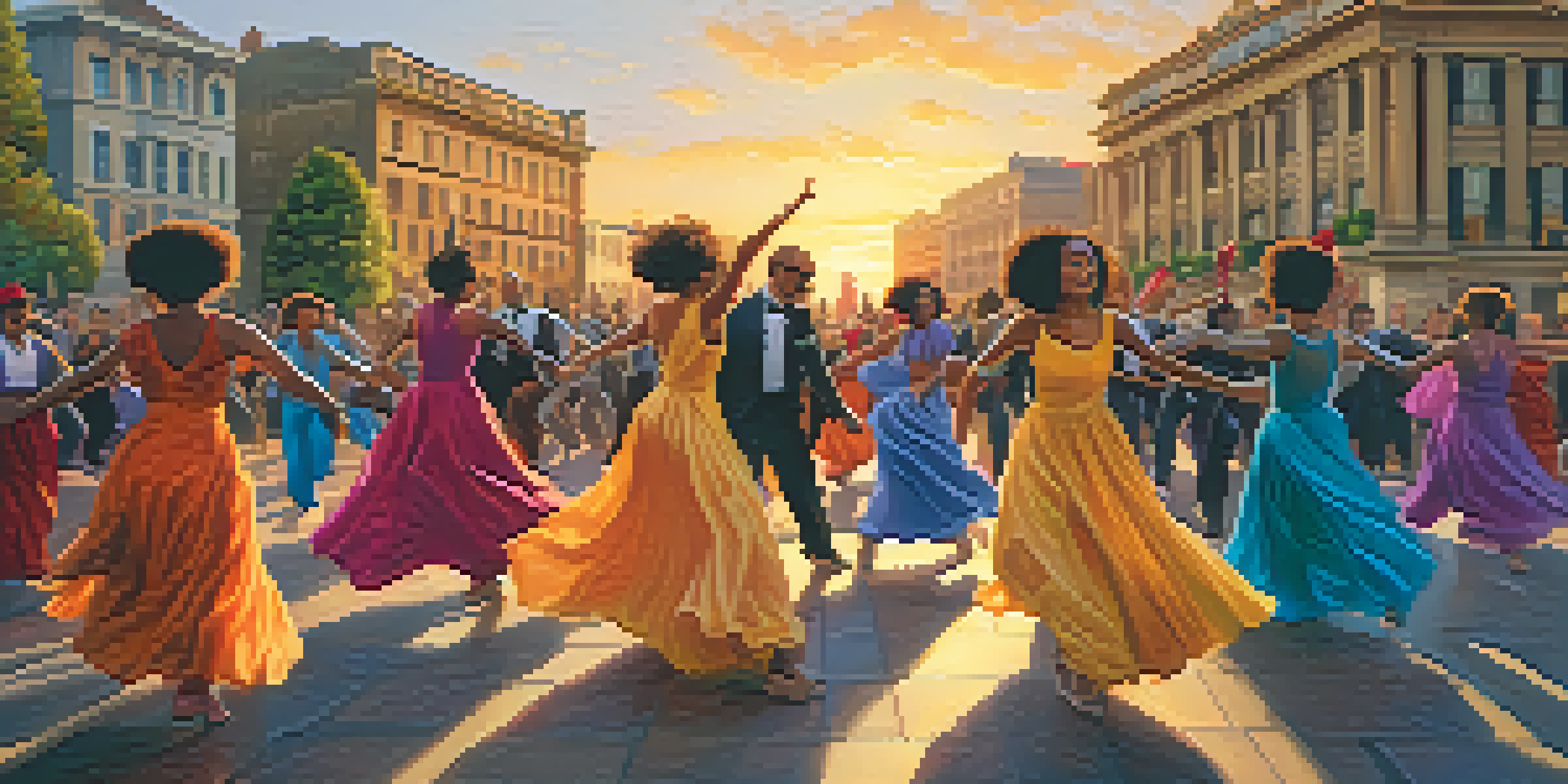 A group of dancers in colorful costumes performing a choreographed protest in an urban square, with a historic building in the background and a sunset casting a warm glow.