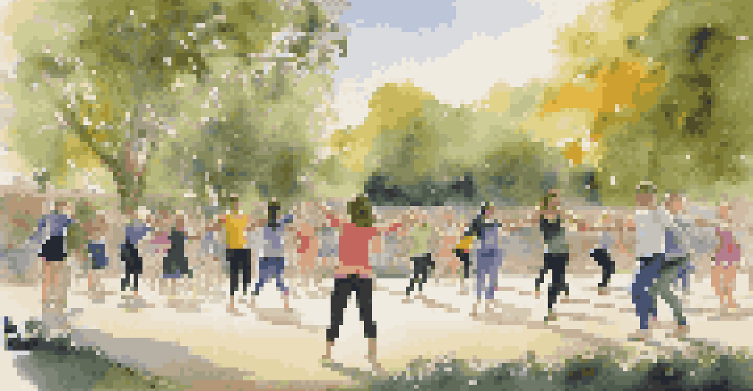 An outdoor dance workshop with a choreographer leading a group of dancers who are improvising, surrounded by a sunny park and greenery.