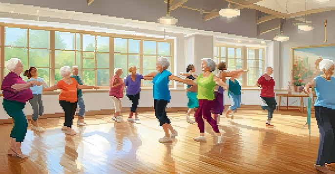 A lively dance class for older adults in a bright community center, showcasing diverse seniors dancing joyfully with natural light streaming in.