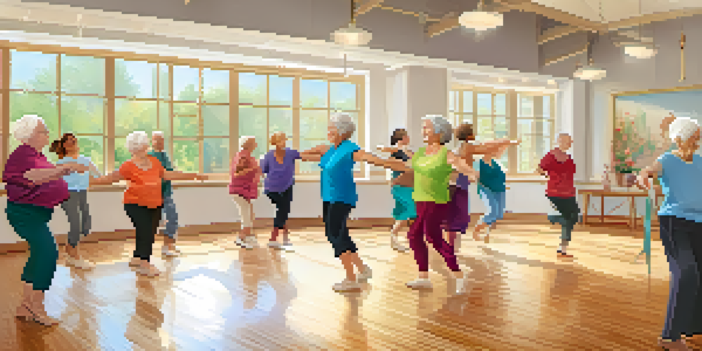 A lively dance class for older adults in a bright community center, showcasing diverse seniors dancing joyfully with natural light streaming in.