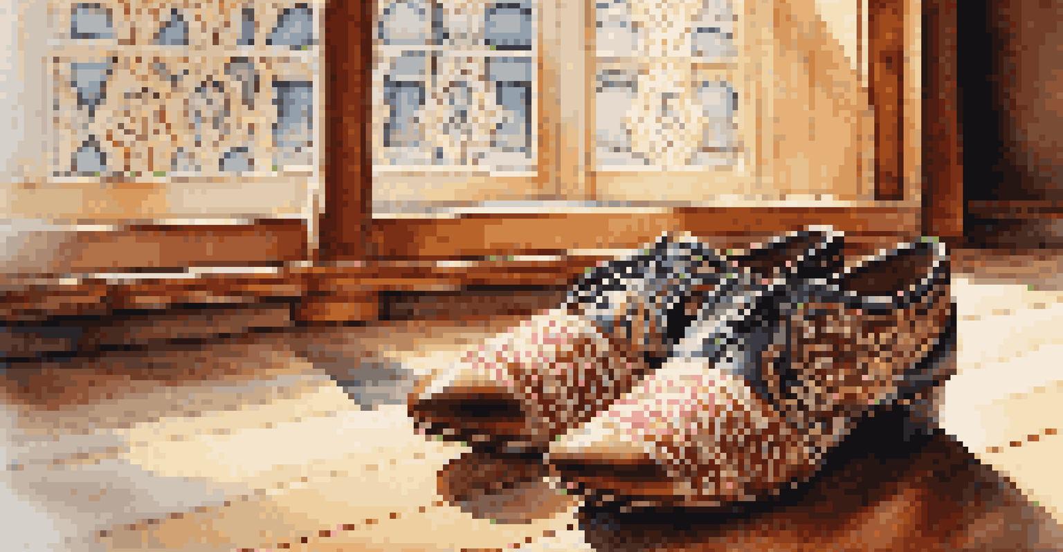 A close-up view of traditional dance shoes on a wooden floor, bathed in sunlight.