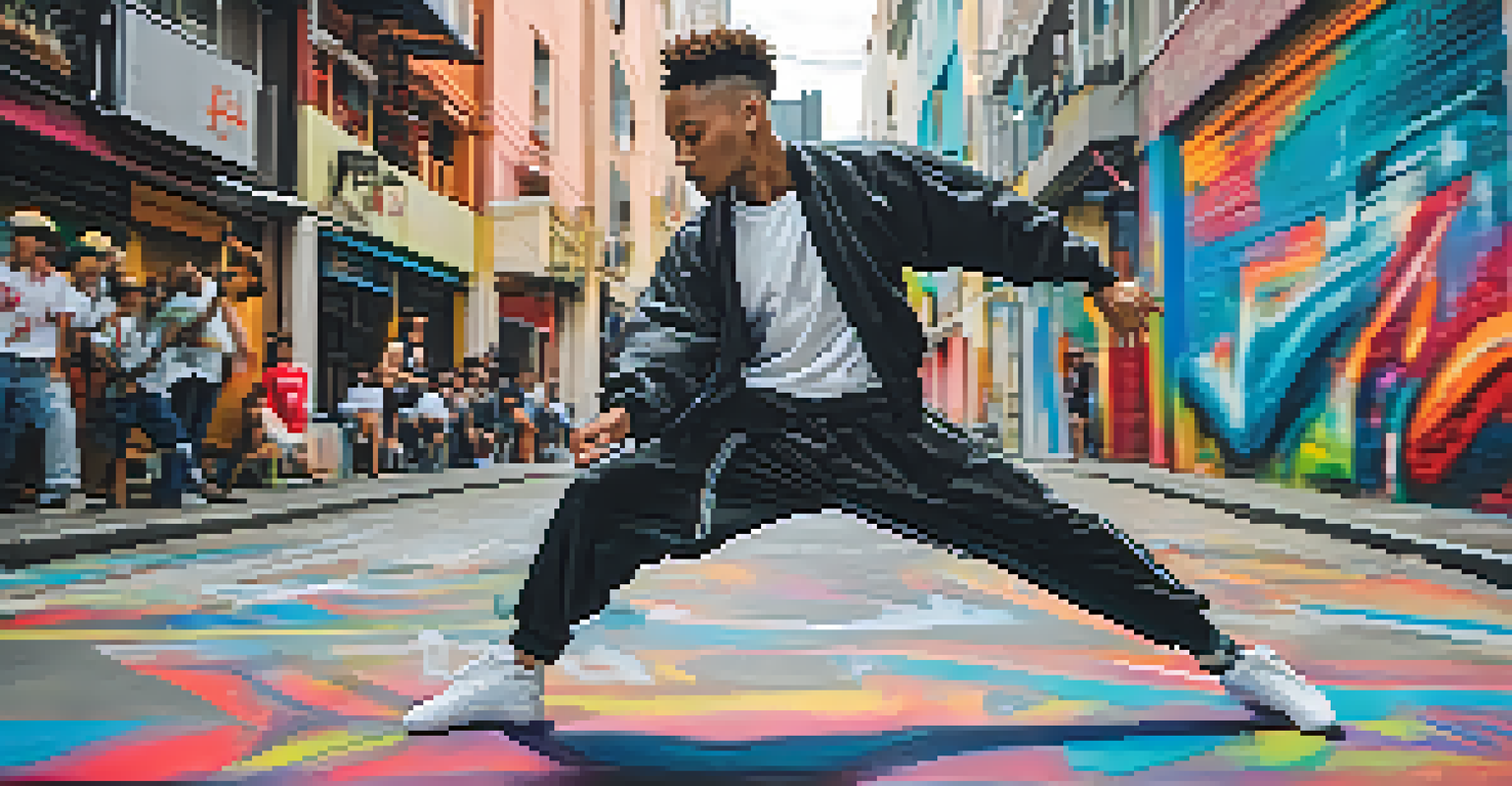 A dancer performing a dynamic kick in a fusion of martial arts and hip-hop style on a colorful urban street.