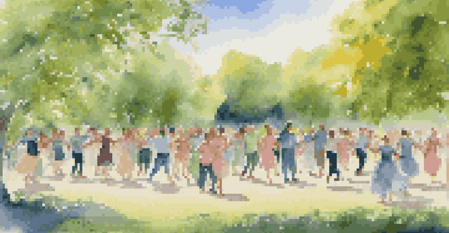 Participants of various abilities dancing joyfully in a park under a clear blue sky.