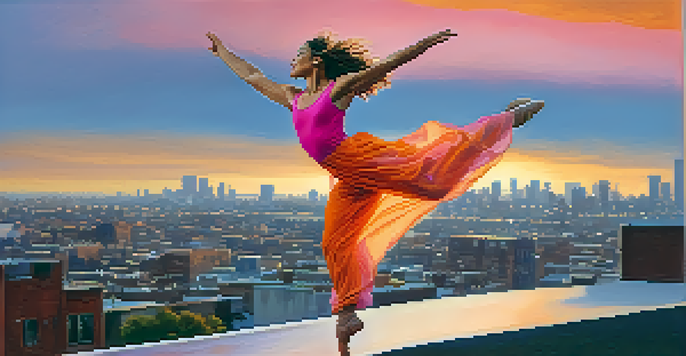 A contemporary dancer leaping in a vibrant costume against a sunset backdrop, expressing joy.