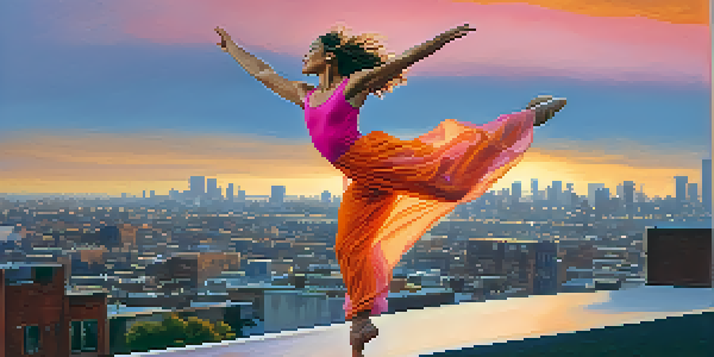 A contemporary dancer leaping in a vibrant costume against a sunset backdrop, expressing joy.