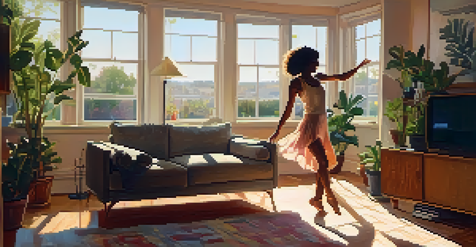 A person dancing alone in a cozy living room filled with warm light and personal decor.