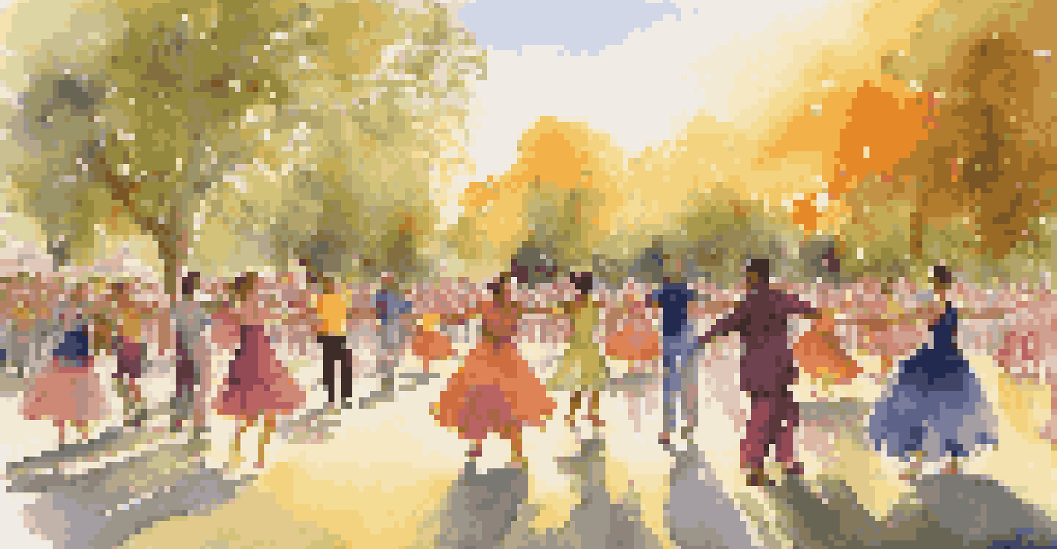 An outdoor dance performance with a diverse group of dancers on stage, bathed in golden sunset light, surrounded by an engaged audience.