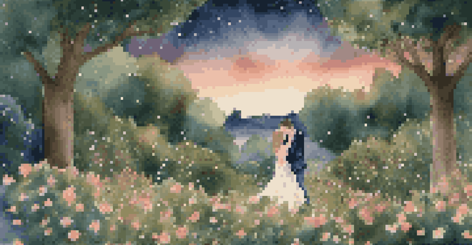 Two lovers dancing under a starlit sky in a lush garden, surrounded by blooming flowers and soft lighting.