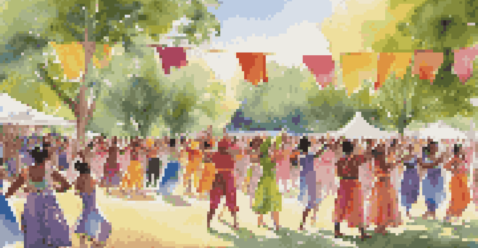 A lively outdoor dance festival featuring diverse dancers in colorful costumes performing in a park.