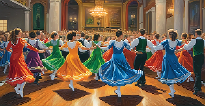 A group of dancers in colorful traditional Irish costumes performing a lively dance, with an engaged audience in the background.